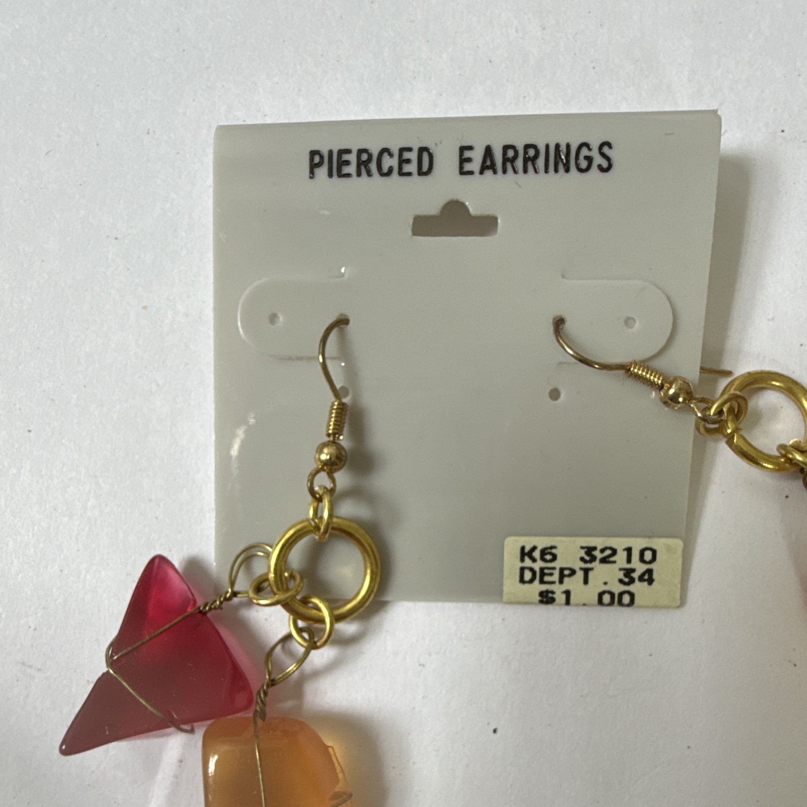 Pierced Gold Tone Wire Wrapped Dangle Earrings Red Orange Glass Bead Drops
