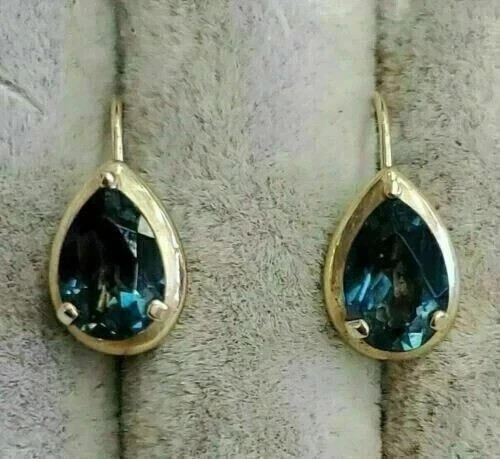 Yellow Gold Plated 3Ct Pear Lab Created London Blue Topaz Drop Dangle Earrings