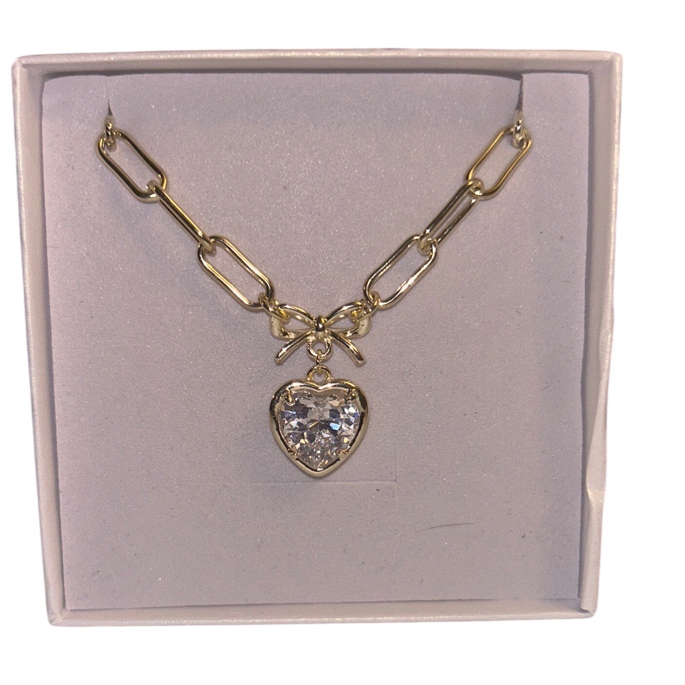 LoveStylize Nora Crystal Heart Necklace Gold Tone Bow Paperclip Chain JC1694