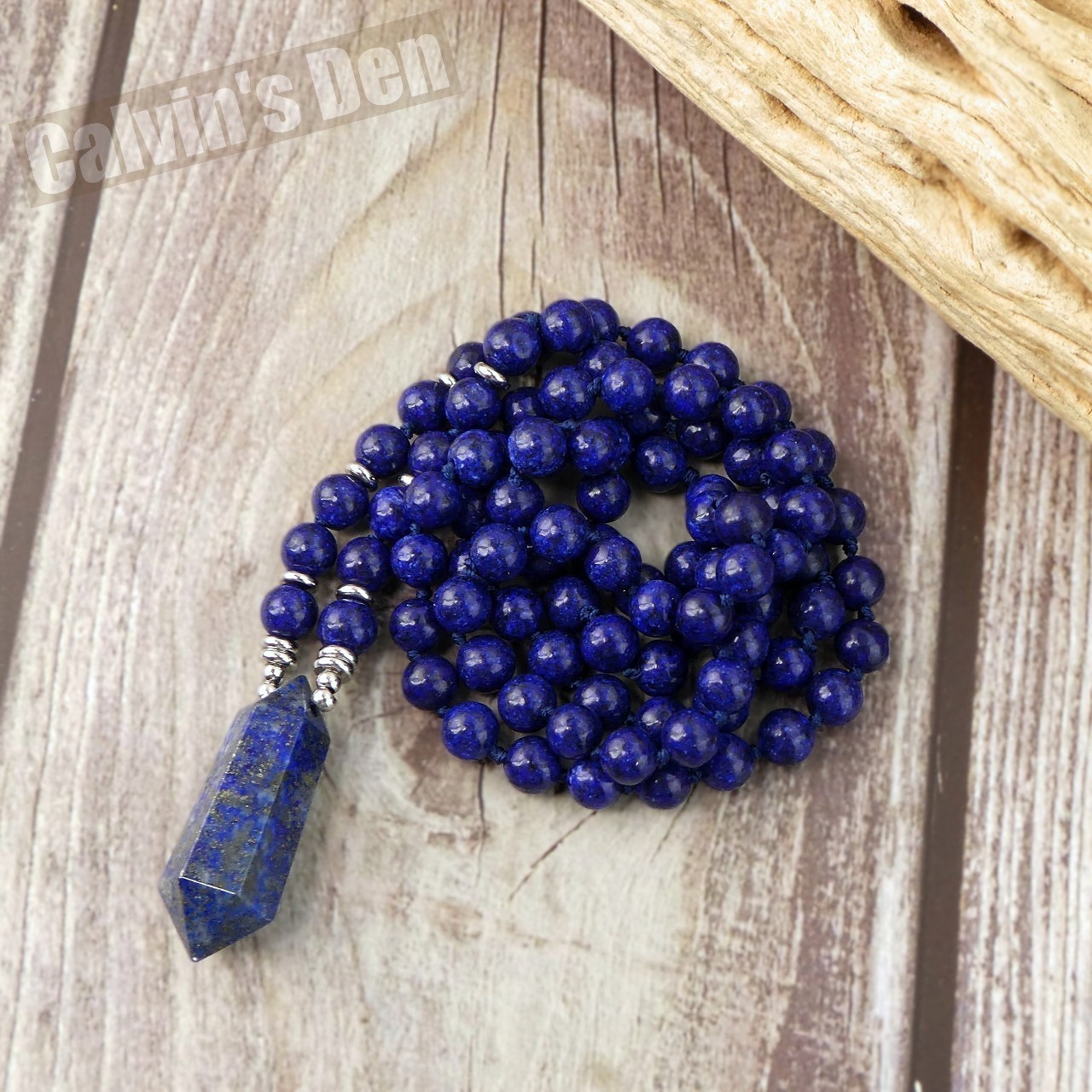 Lapis Lazuli Bead Necklace + Lapis Lazuli Crystal Point Pendant Handmade Gift