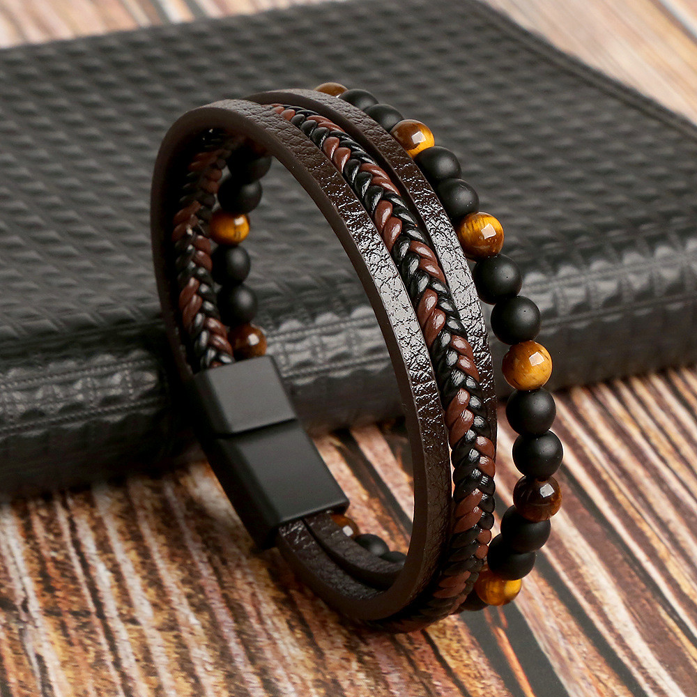Men’s Layered Braided Leather Beaded Bracelet With Tiger Eye, Natural Stone