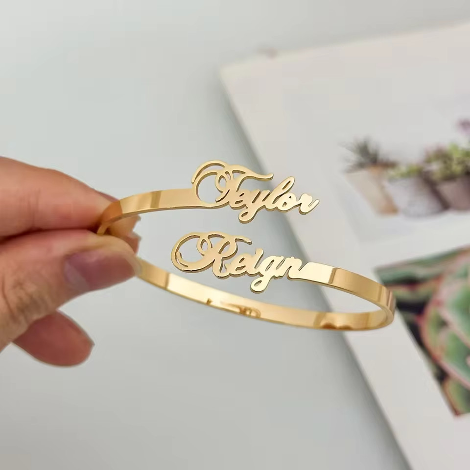 Customized Double Name Engraved Stainless Steel Bracelet Cuff Anniversary Gift