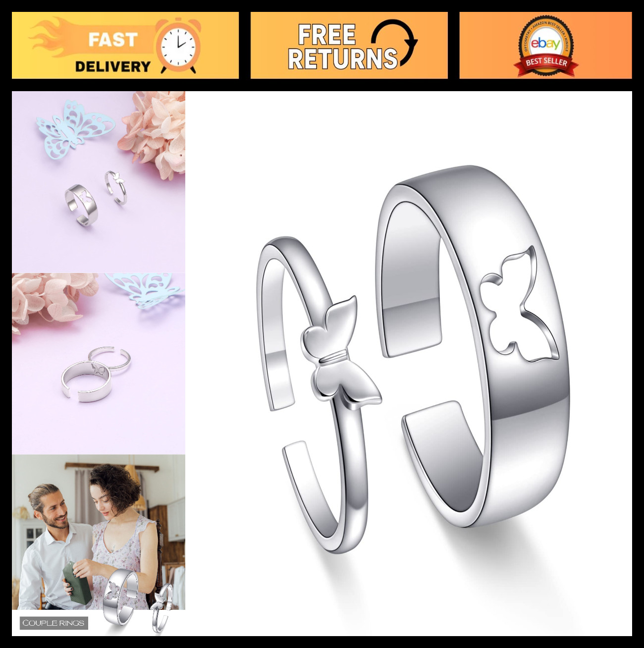 Sterling Silver Adjustable Promise Rings for Couples – Romantic Love Jewelry Gif