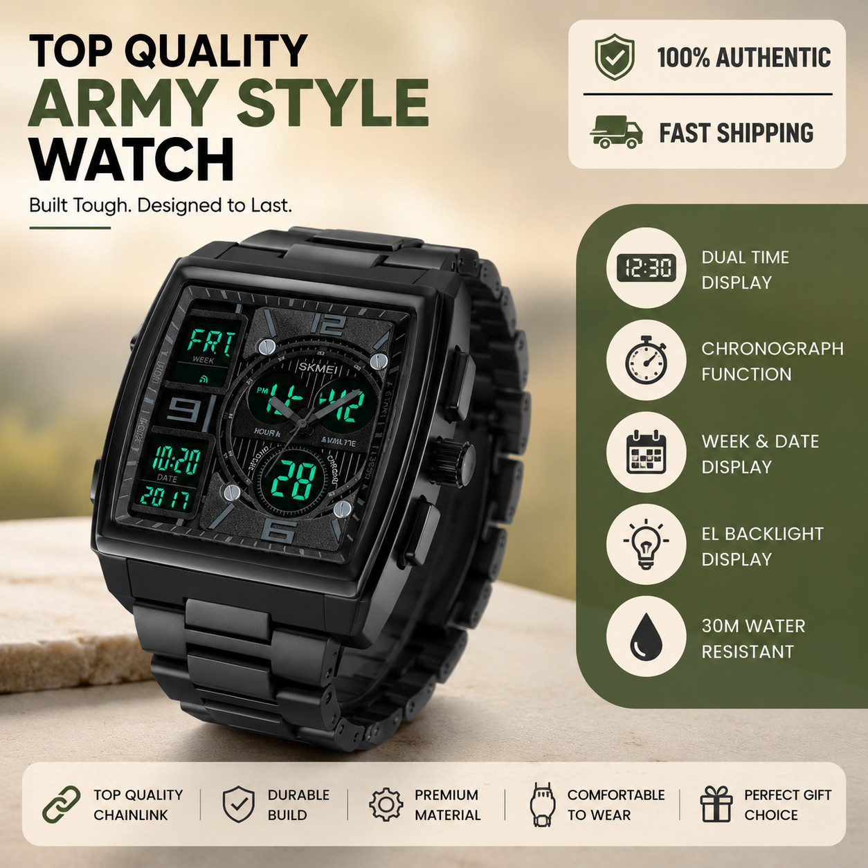 Chronograph Men’s Digital Army Military Sport Quartz Analog Waterproof Watch US