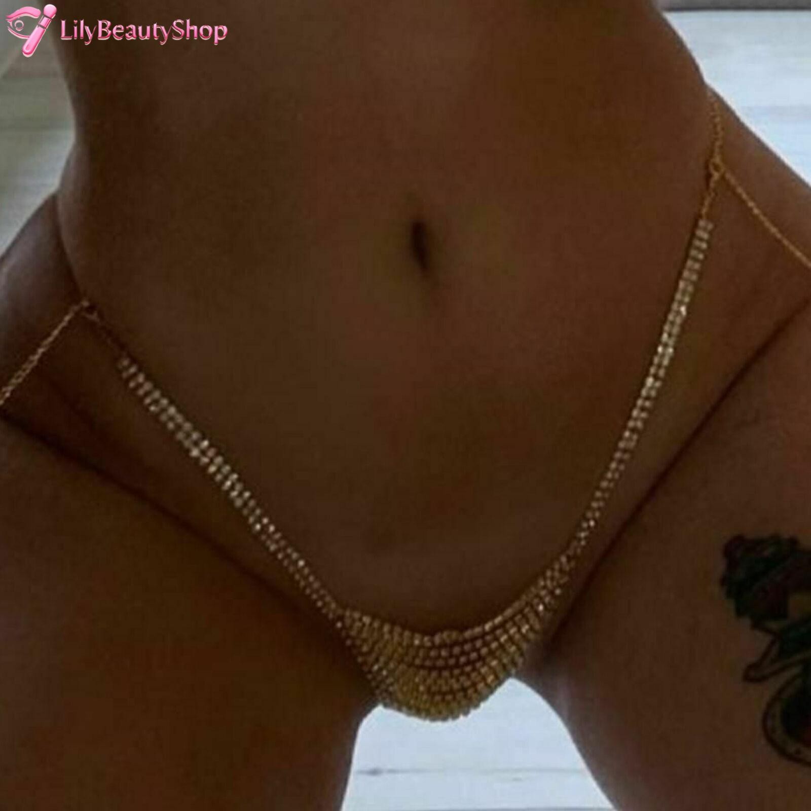 Women Sexy Chain Thong Panties Rhinestone Crystal Body Waist Jewelry Gold New