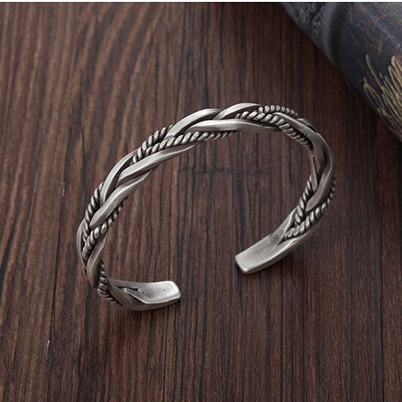 Men’s 925 Sterling Silver Retro Cuff Adjustable Open Bangle Bracelet #B597