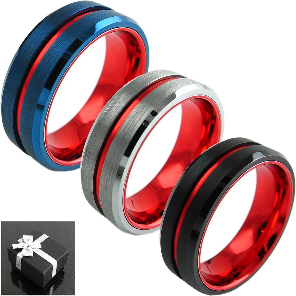 8mm Tungsten Men’s Thin Red Line Brushed Wedding Band Blue Silver or Black