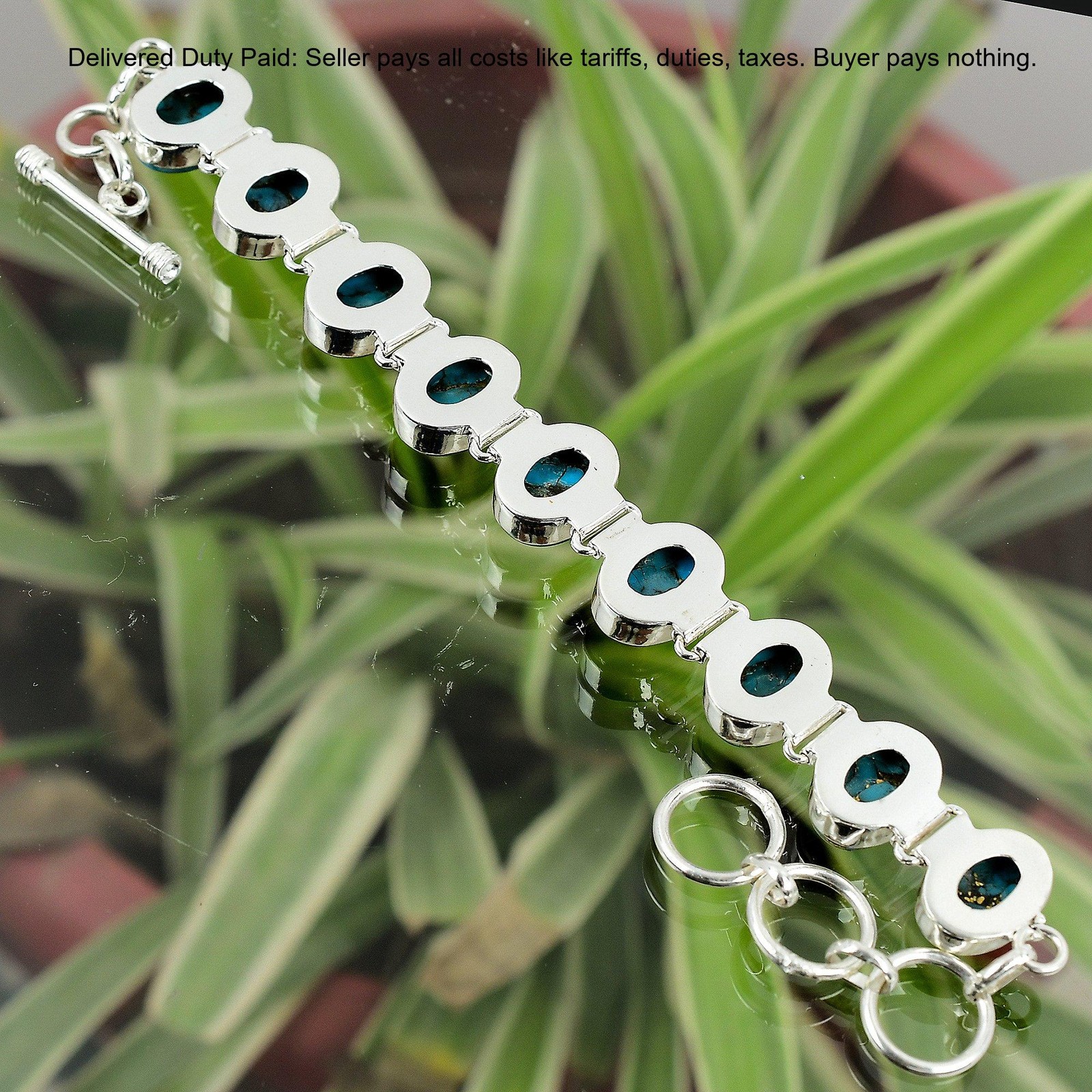 Natural Copper Blue Turquoise Unique Chain Bracelet Jewelry 925 Sterling Silver