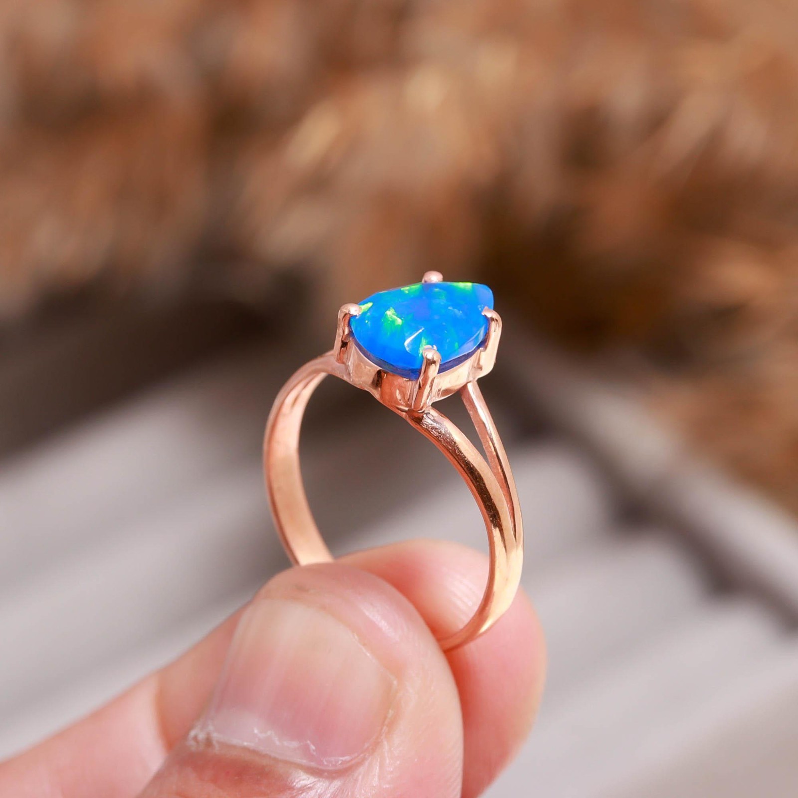 Natural Blue Opal Pear Shape Ring Rose Gold Fill Solid Silver Minimalist Jewelry