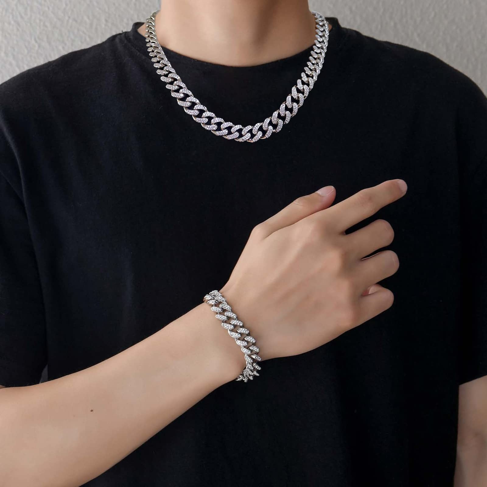 Men’s Cuban Link Chain & Bracelet Set, Silver Iced Out Diamond Hip Hop Jewelry