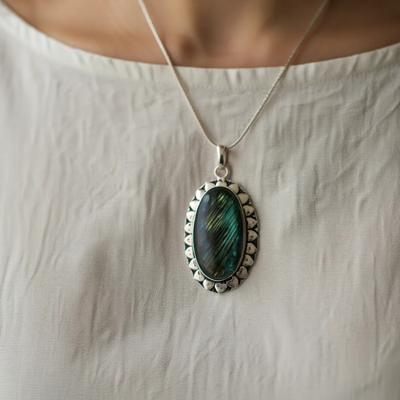 Labradorite Oval Pendant With Free Chain Gift, Jewelry for Spiritual Awakening
