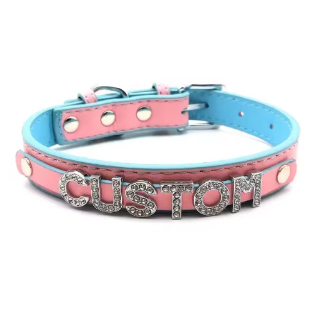 Custom Rhinestone Letter Collar You Choose Color and Words Faux Leather BDSM