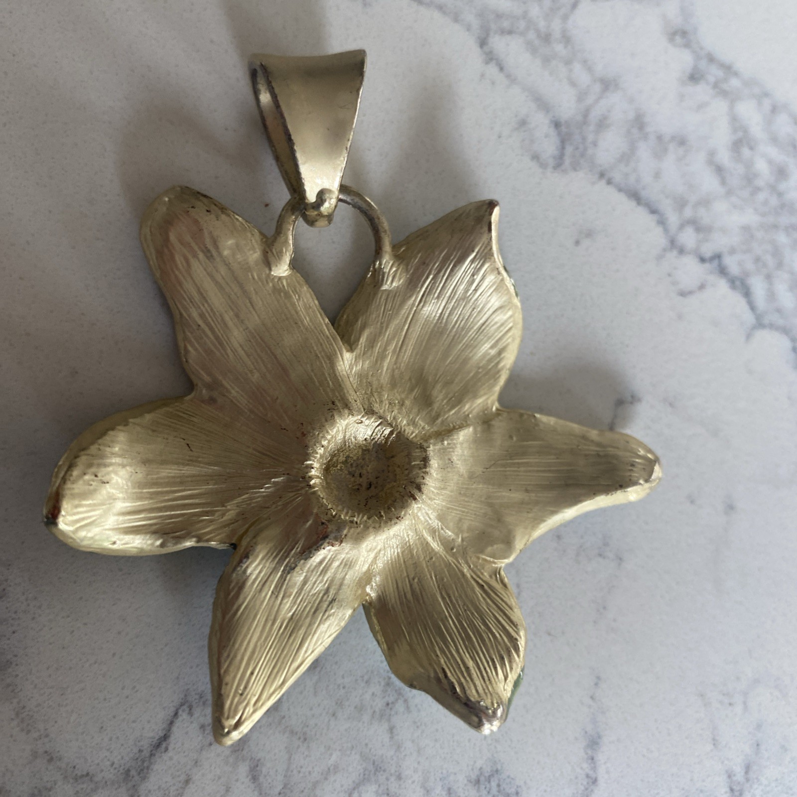 Vtg Enamel Flower Pendant – Blue Green – Gold Tone Back 7 multi color crystals