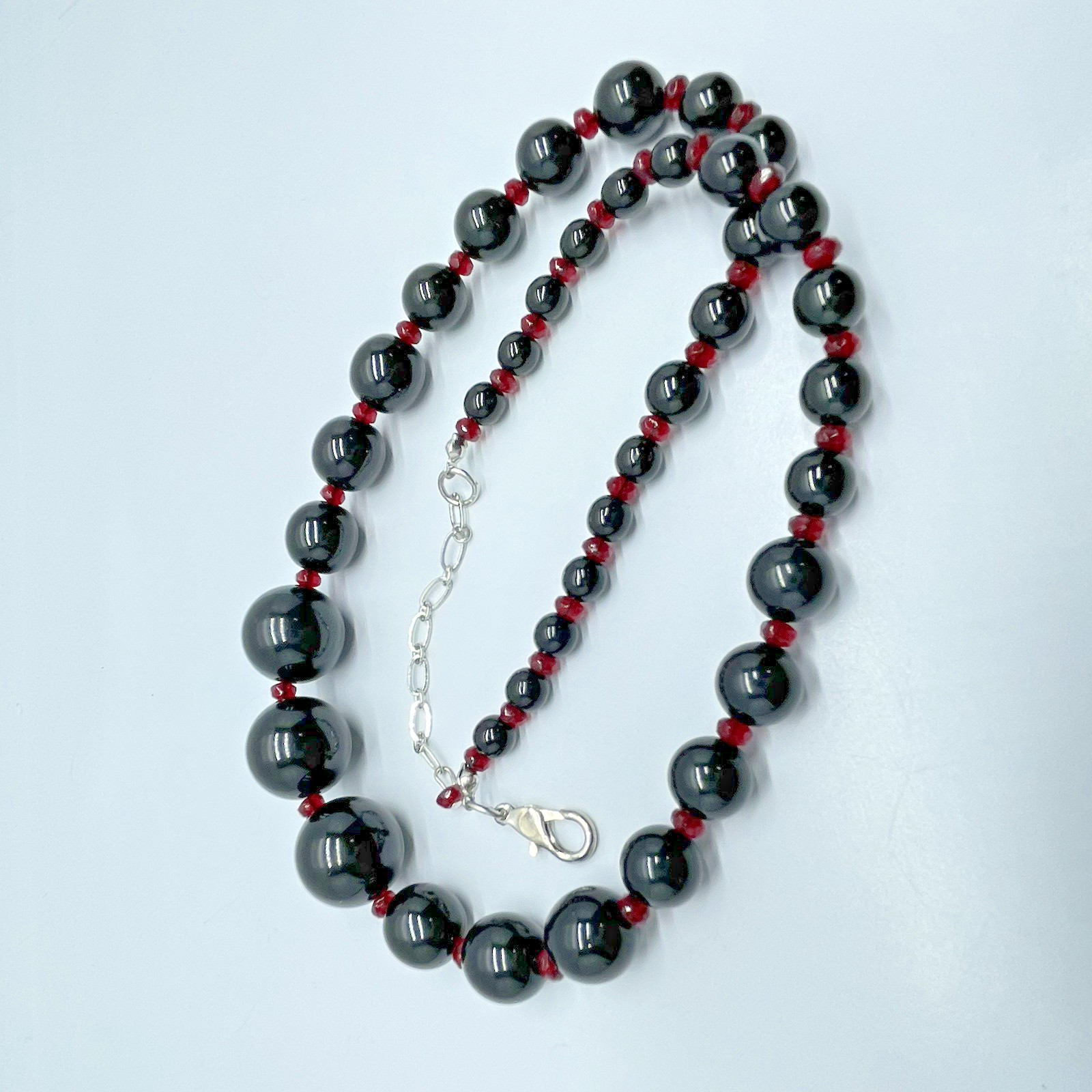 Gothic Black Beaded Necklace Graduated Bead Ruby Red Crystal Spacer Silver Tone
