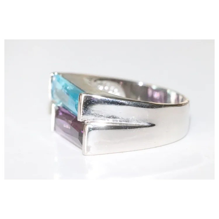 Sterling Silver Faceted Radiant Cut Blue Topaz Amethyst Ring
