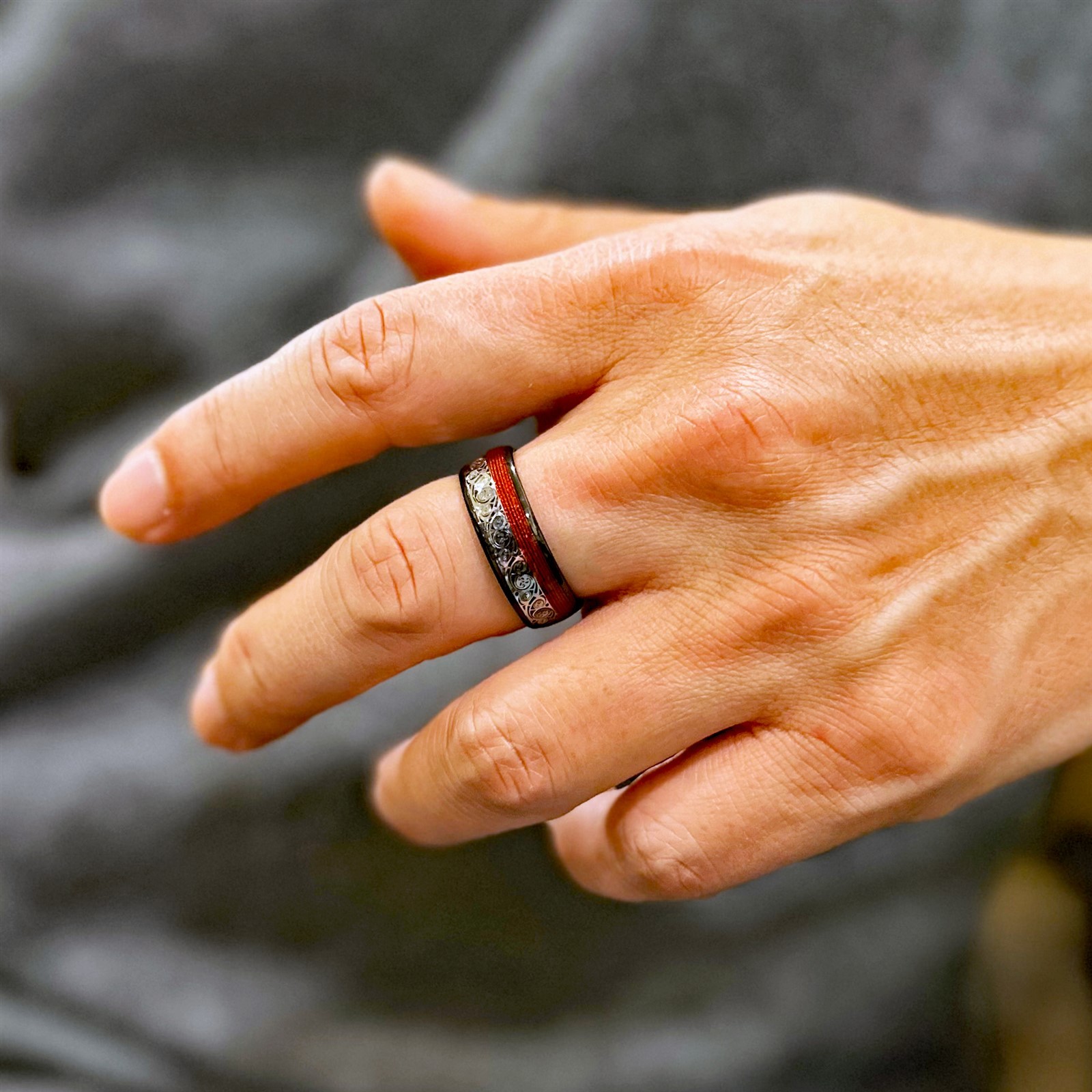 Black Men’s Tungsten Carbide Clockwork Gears & Red Wire Wedding Band Ring