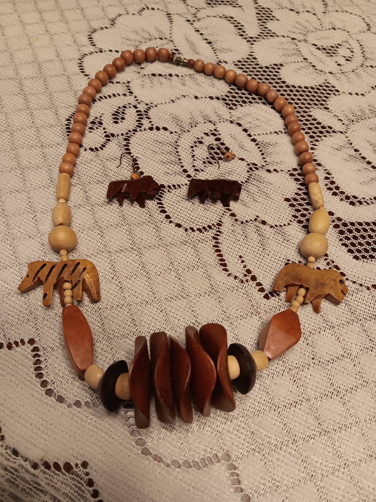 Tribal Necklace And Earring Set Animals, Chunky, Wooden, Bohemian