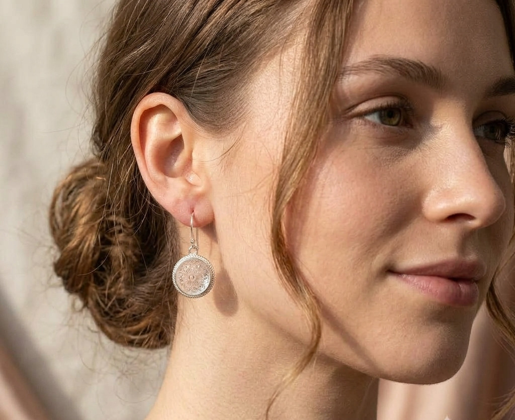 solid 925 Sterling Silver Clear Quartz carved flower dangle drop earrings