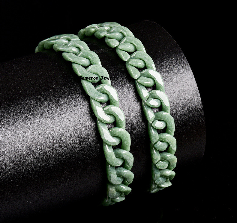 Natural Real Grade A Green Jadeite Jade 4mm Cuban Curb Link Bracelet 7.5-7.9inch