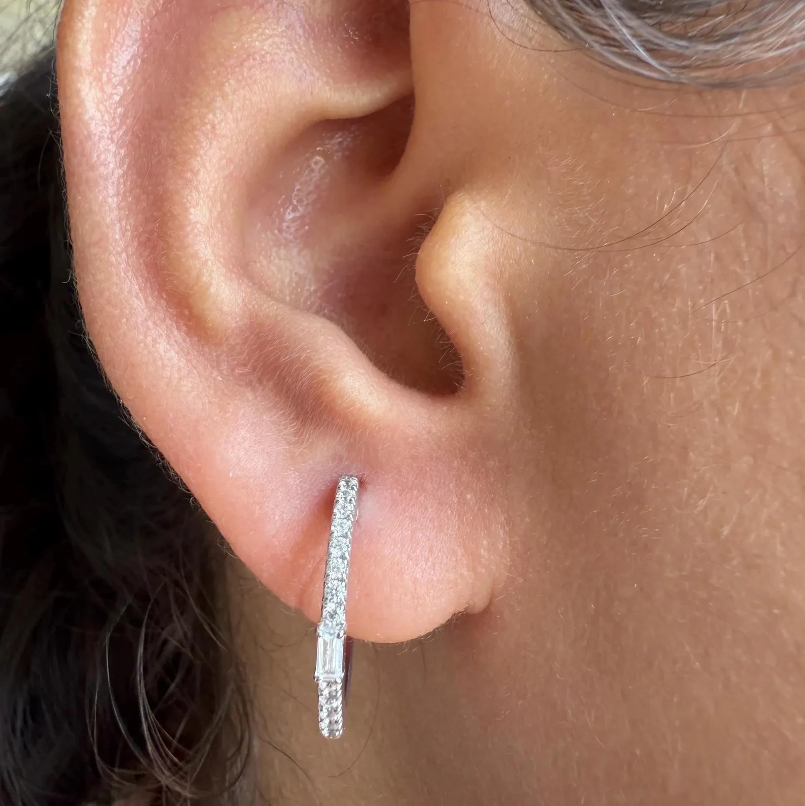 2 Ct Round & Baguette Accent Moissanite Half Hoop Earrings 14K White Gold Finish