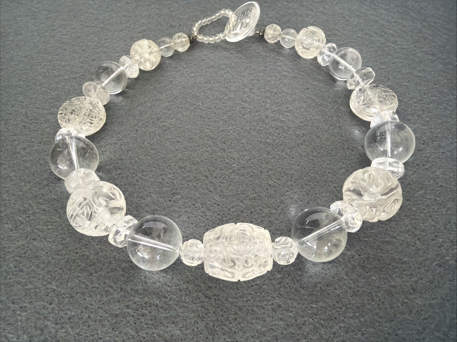 Handcrafted Necklace of Rock Crystal Quartz Beads with Chinese Long Life Symbols