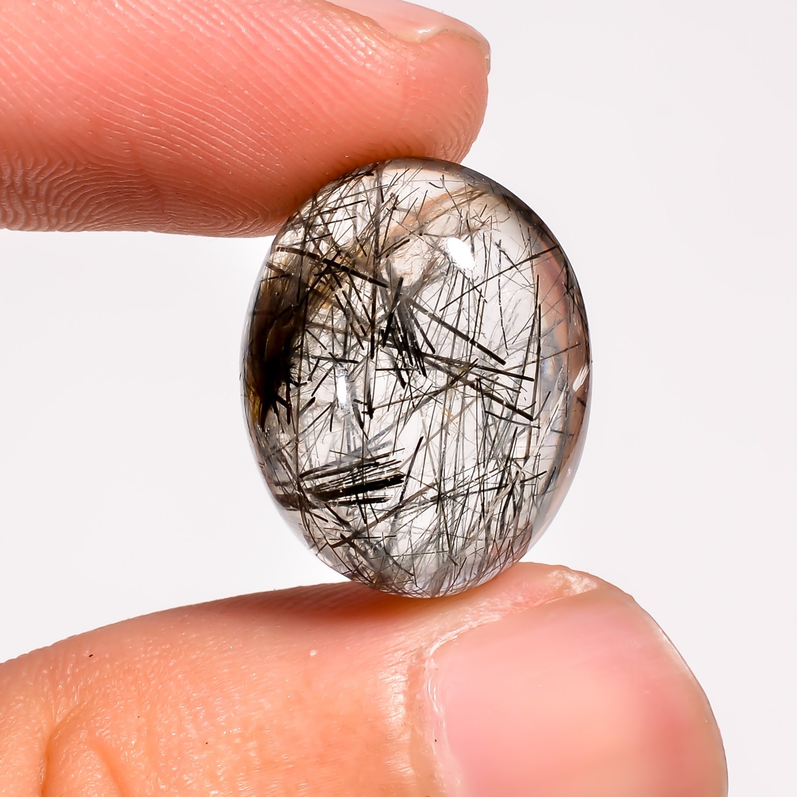 Rare Black Rutile Quartz 16.5 Cts Untreated Stone Oval Shape Cabochon