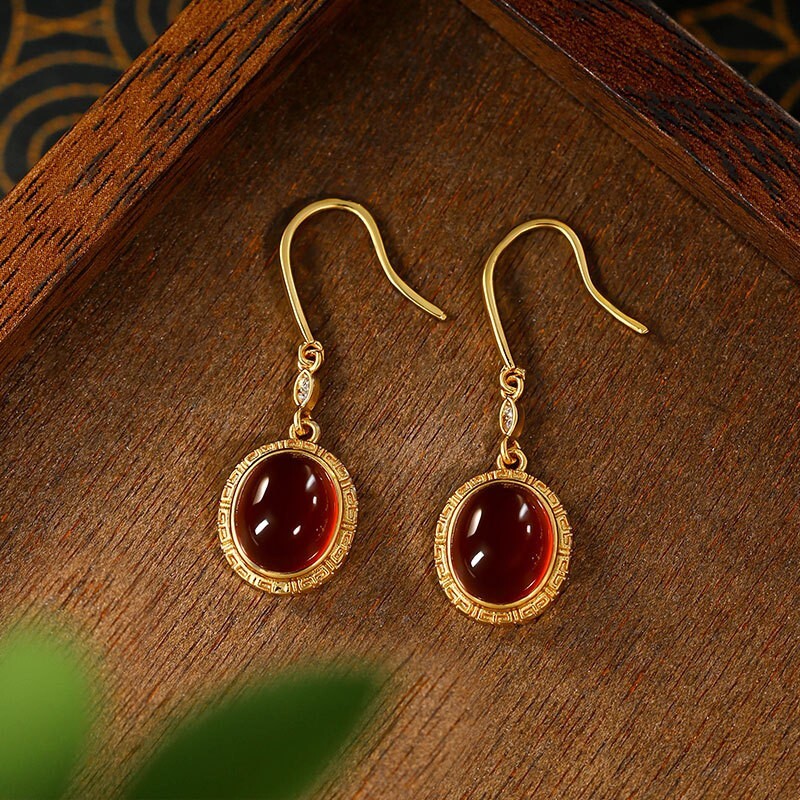 Red Jade Drop Dangle Earrings Gemstone Boho Minimalist Hook 18K Gold Plated