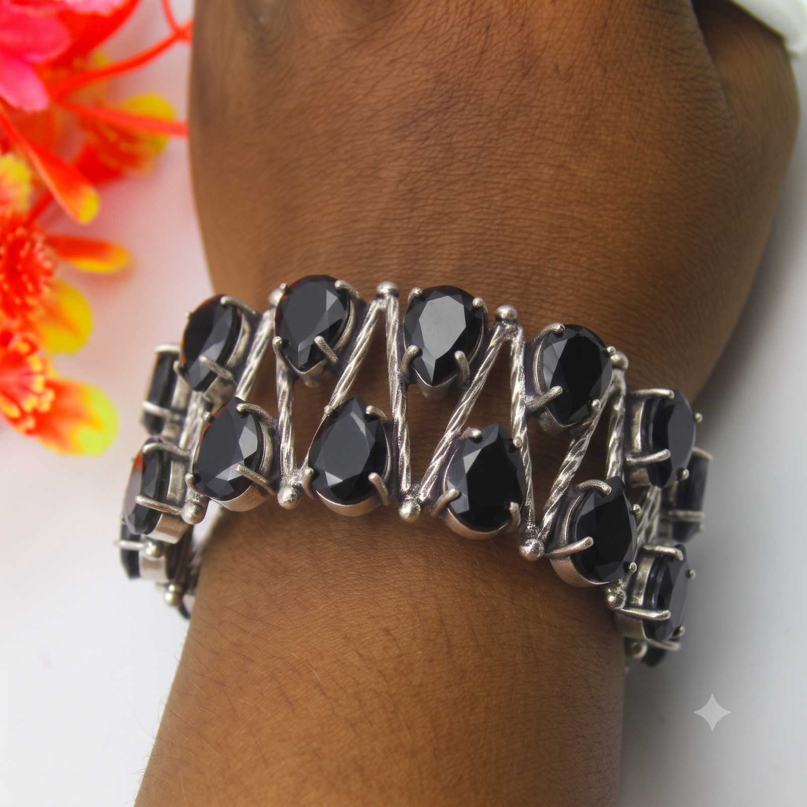 Black Spinel Gemstone Handmade 925 Sterling Silver Cuff Bracelet Jewelry ADJ 8″