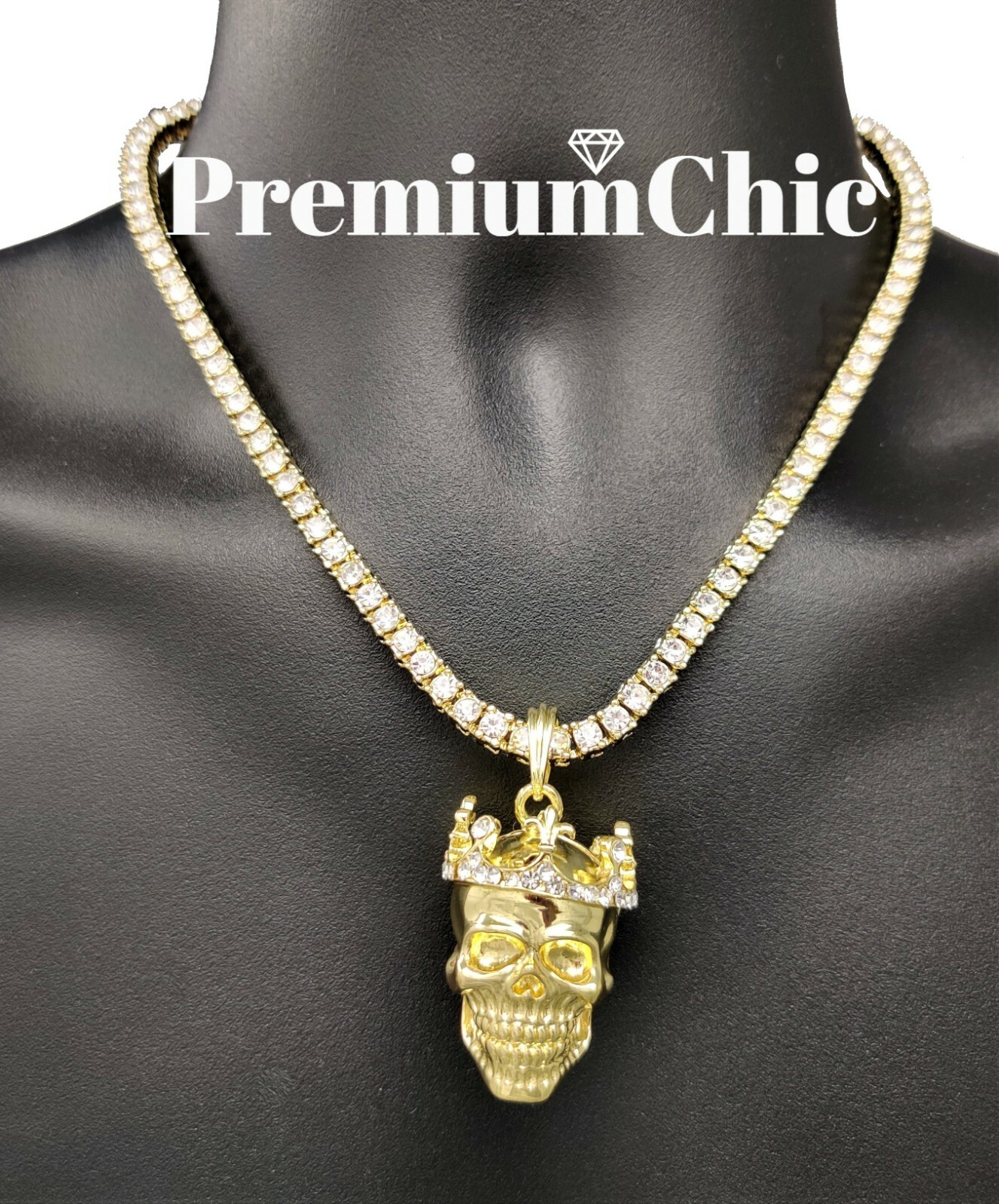 Skull King Pendant Necklace Rope or Tennis Chain Plated CZ Halloween Jewelry