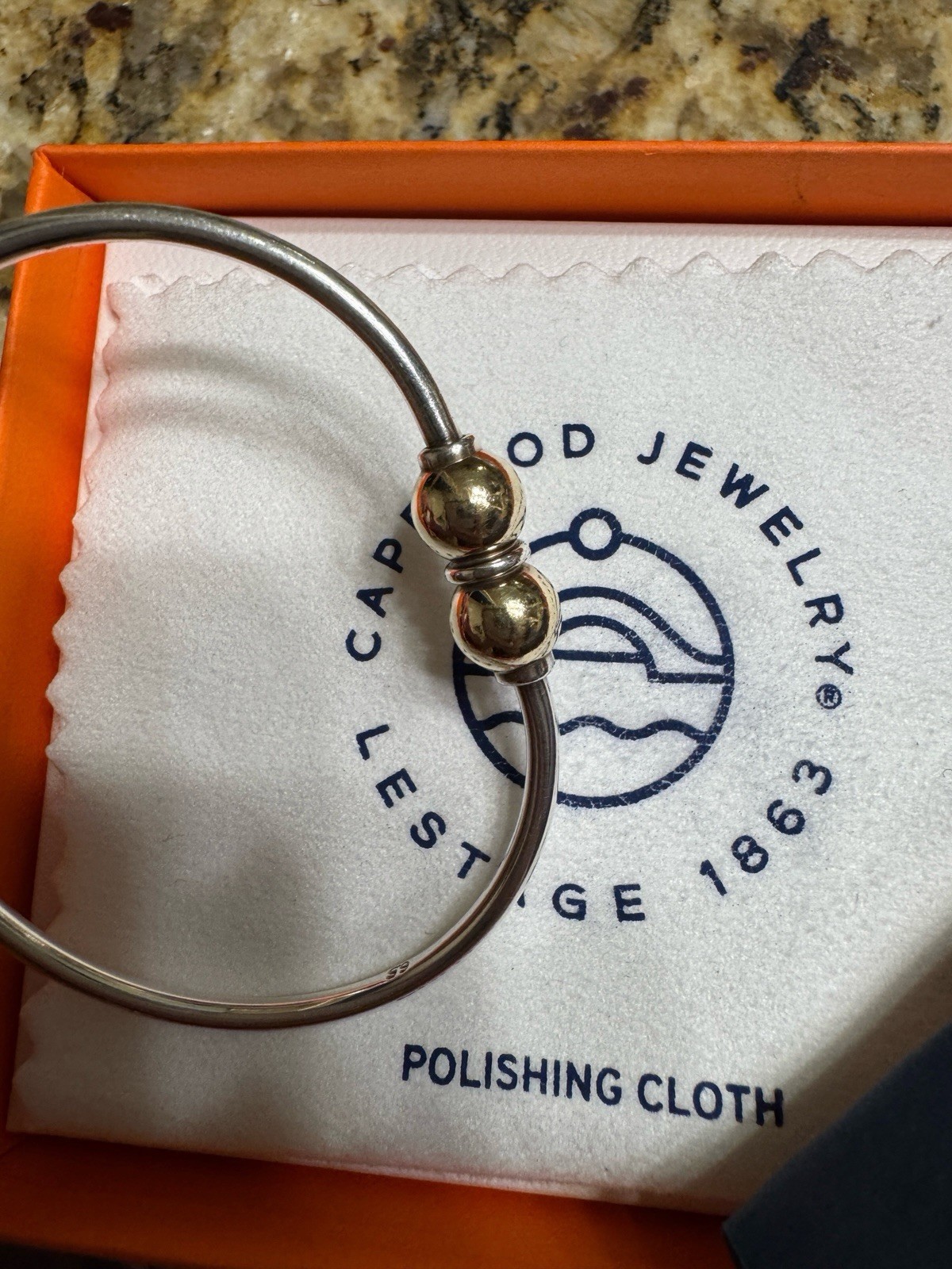 Cape Cod Jewelry Signed Silver/Gold Tone Bangle Bracelet Ball Ends Box Cloth