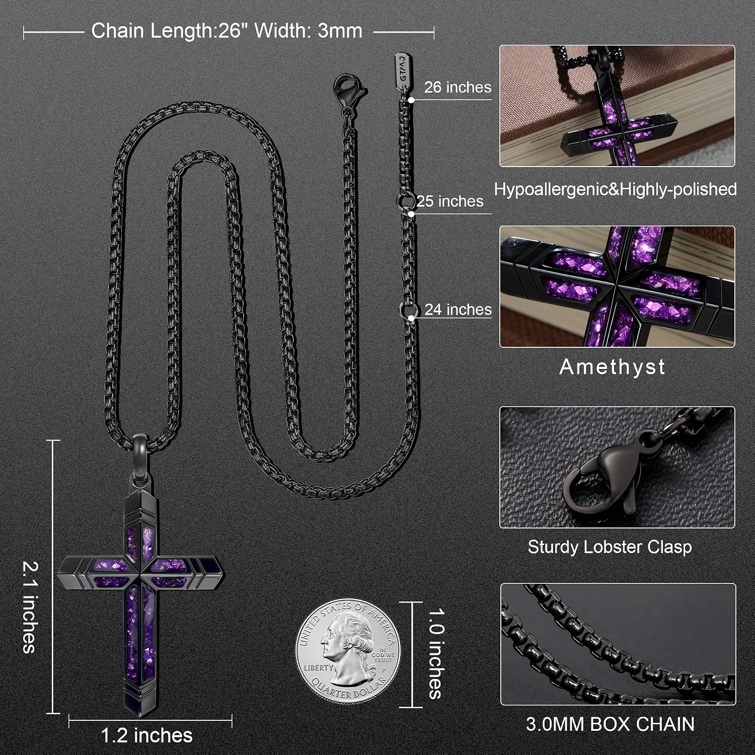 Amethyst Cross Necklace for Men with Adjustable Box Chain for Everyday Wear Chri