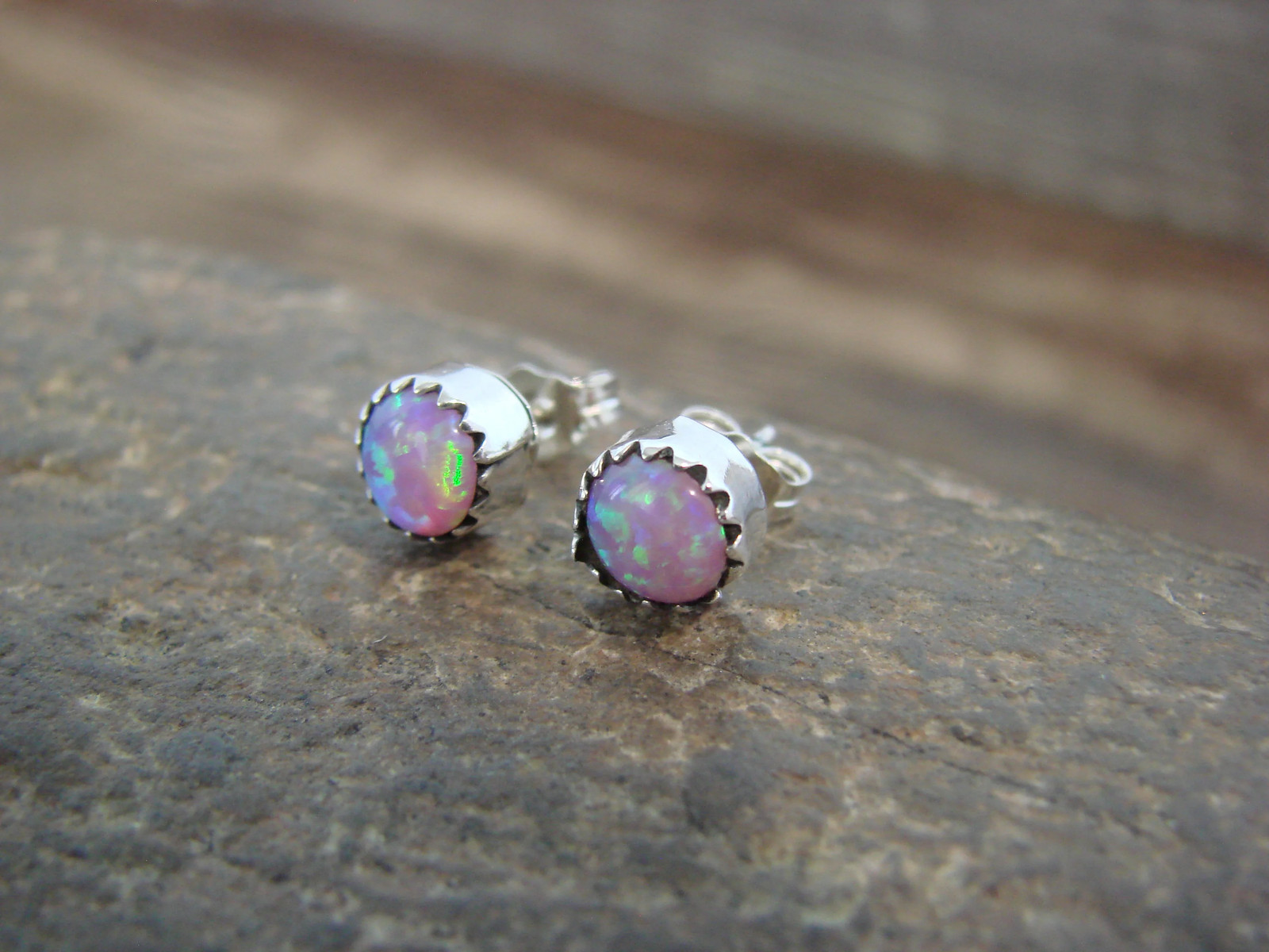 Native American Sterling Silver 1/4″ Round Pink Opal Post Earrings by Martinez