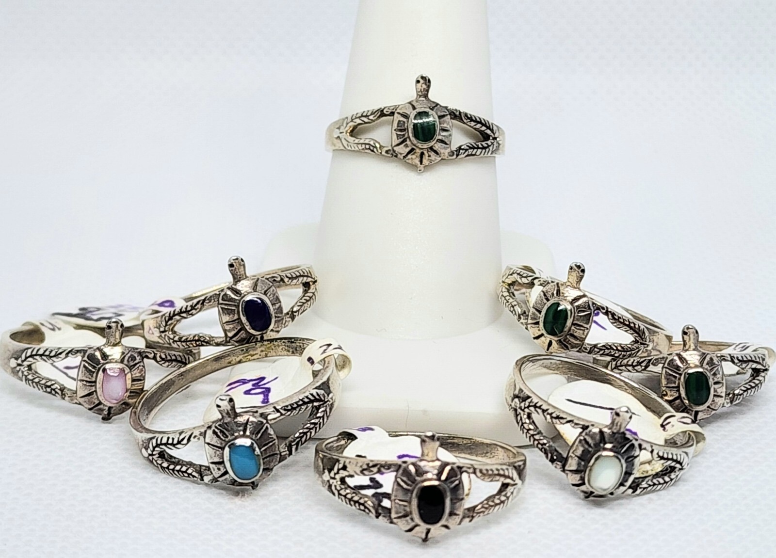 Rings Turtles .925 Silver Turquoise Onyx Lapis Malachite Pink Shell White MOP