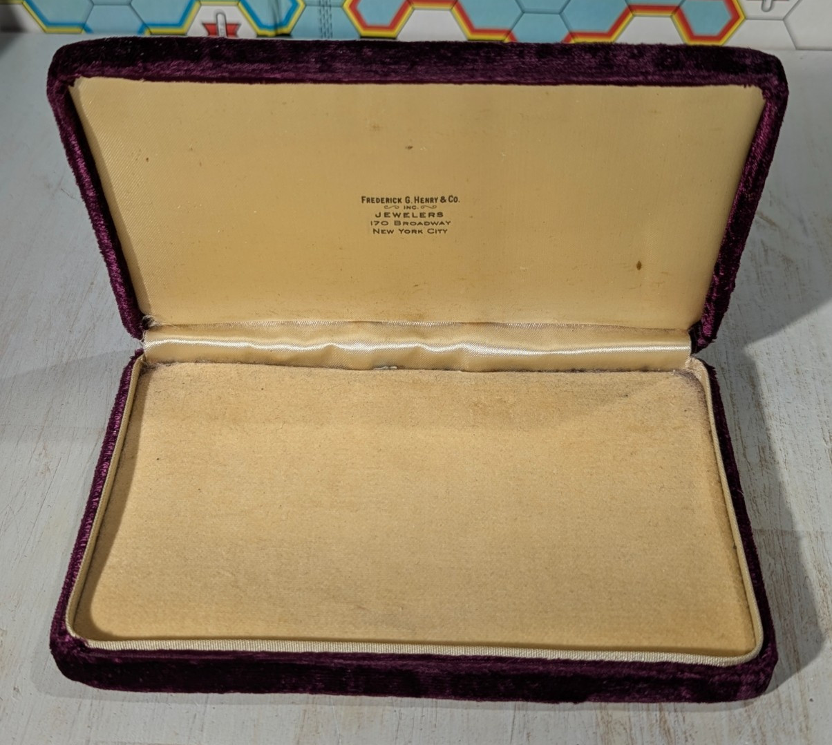 Vintage Purple Velvet Jewelry Box Case Frederick G. Henry & Co Jewelers, NYC