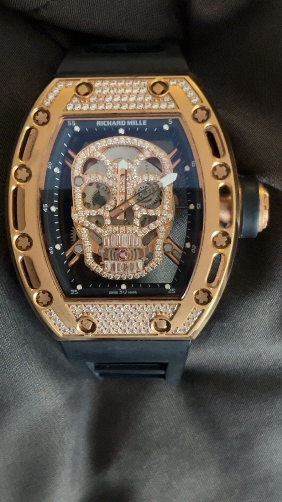 Richard Mille RM 052 Skull Skeleton Manual Mechanical Rose Gold 50m Black Strap
