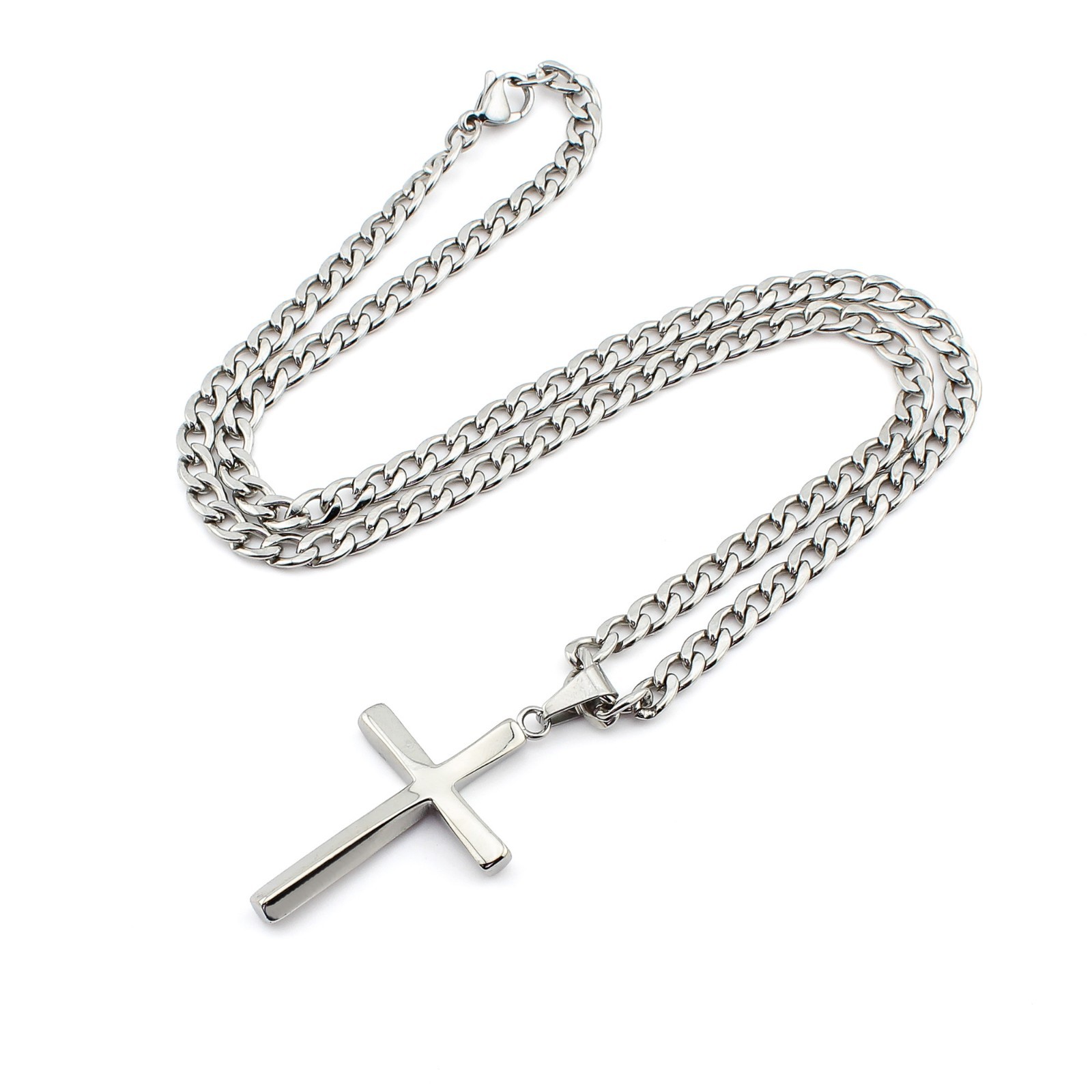 Men’s Stainless Steel Cross Necklace Cuban Link Chain Silver Pendant 5mm