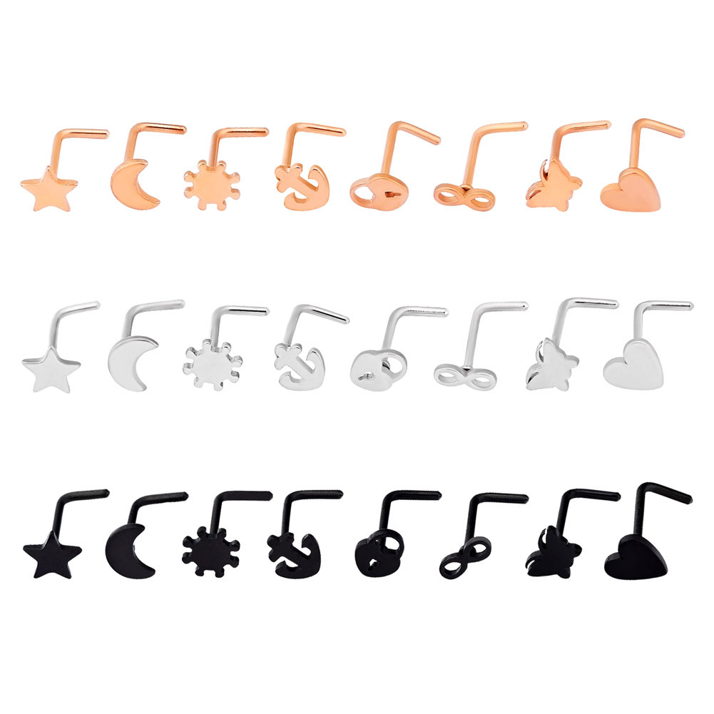 8 pcs Nose Ring L Shape Lip Ear Studs 20G Surgical Steel Mix Style Piercing Set