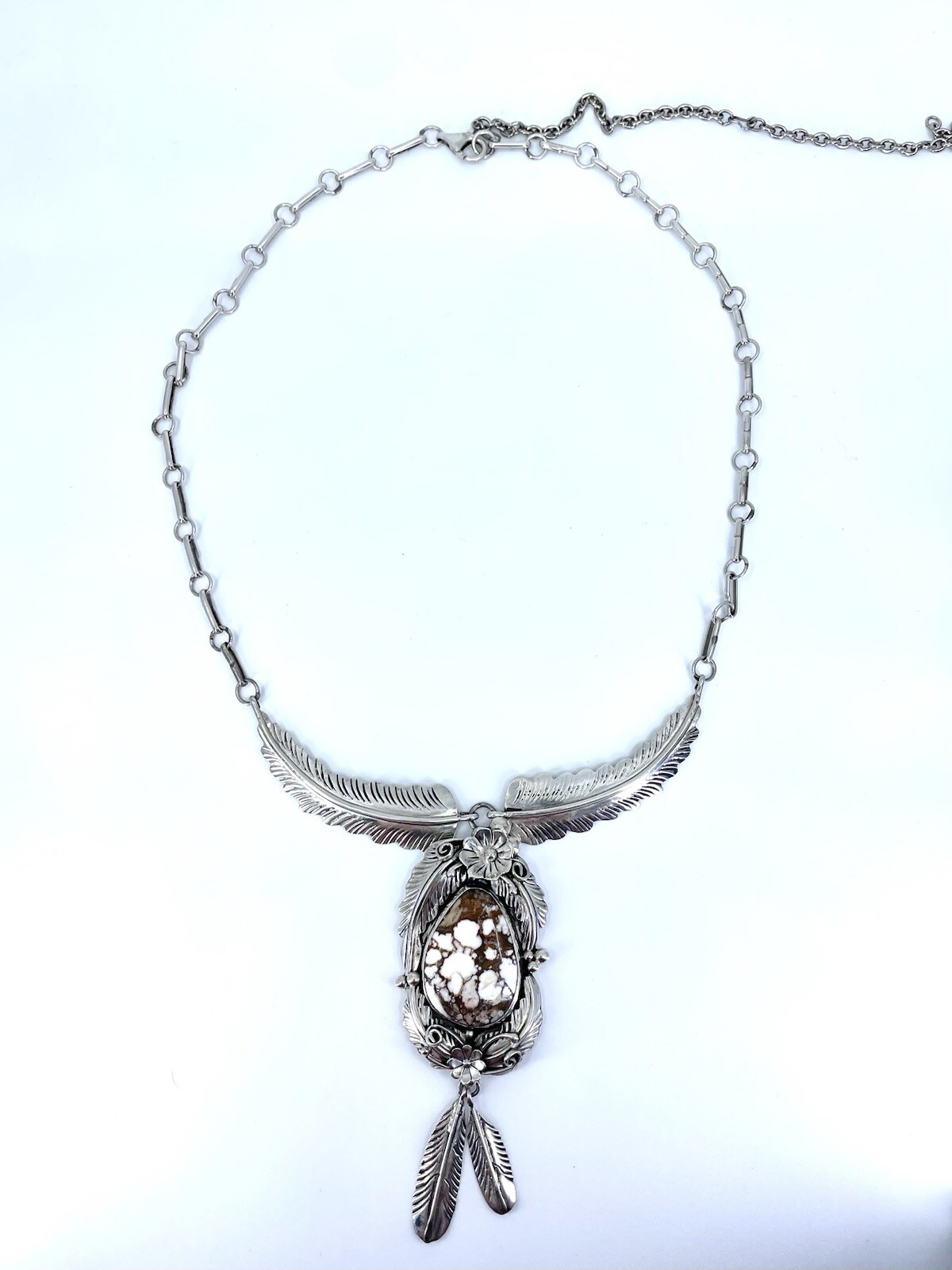Vintage Navajo Buffalo Turquoise & Sterling Necklace Hallmarked KJ 22.5in