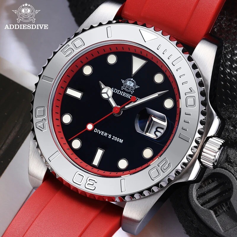 Addiesdive 41mm Quartz Dive Watch 200m Silver Stainless Steel Bezel Rubber Strap