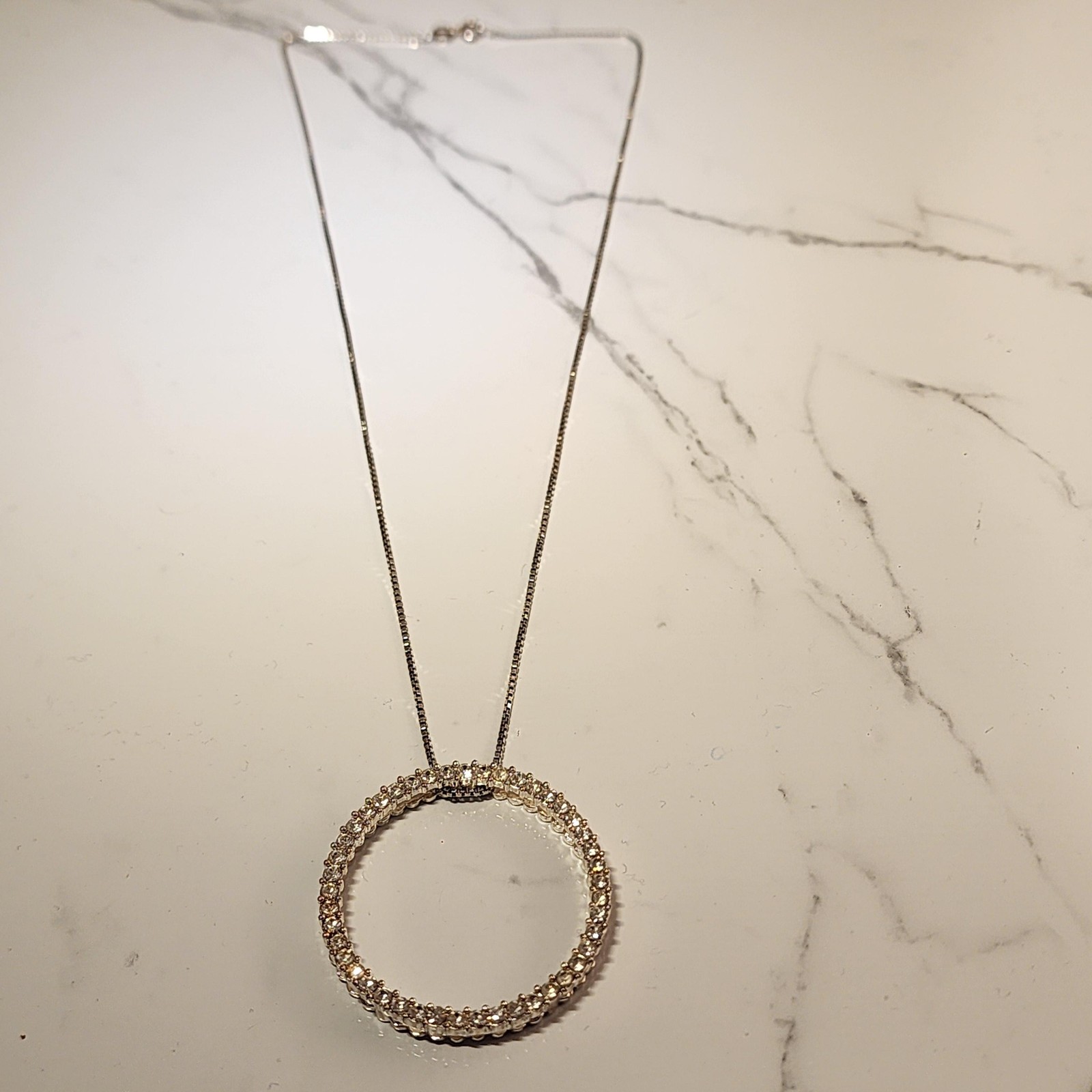 Large Circle Crystal Pendant Necklace 17in Sterling Silver Box Chain Halo