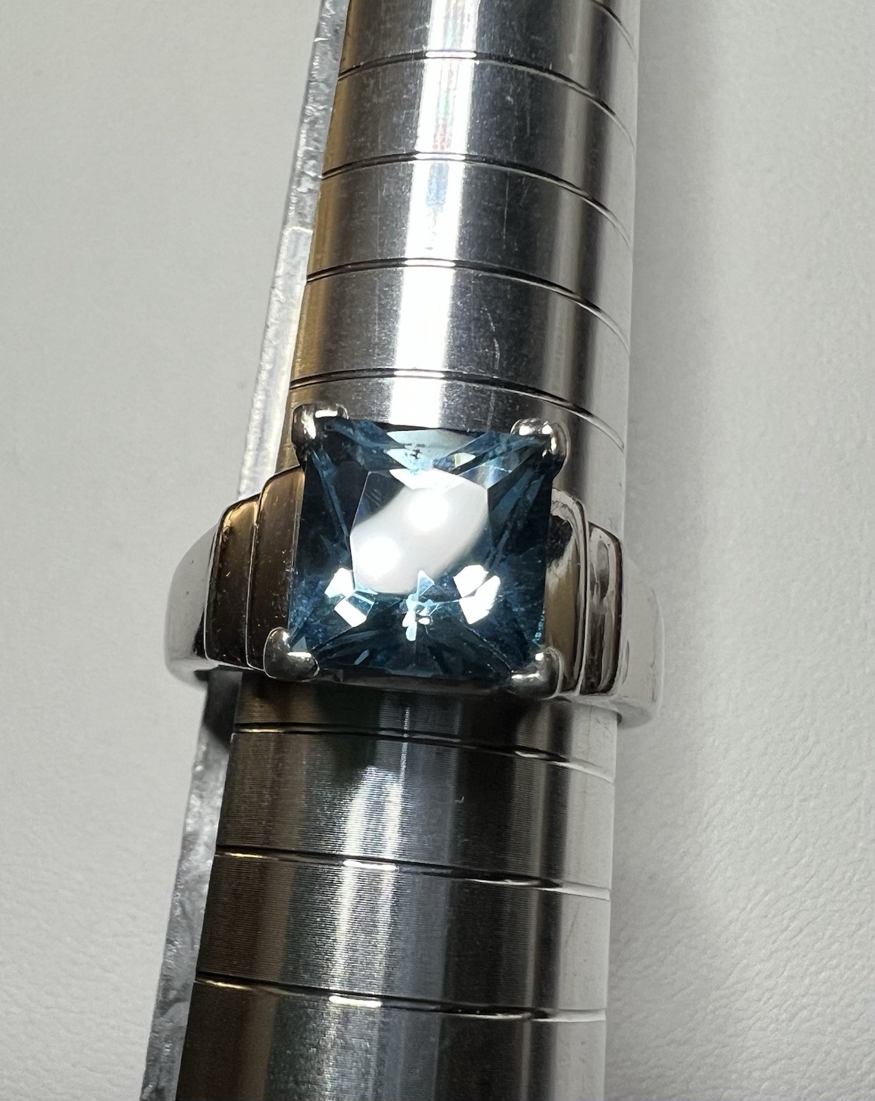 Vintage Sterling Silver 925 Signed Square Blue Topaz Prong Set Ring, Size 7.5