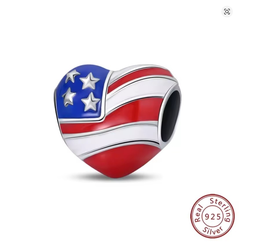 250TH BIRTHDAY RED WHITE & BLUE FLAG HEART STERLING SILVER BRACELET CHARM BEAD!
