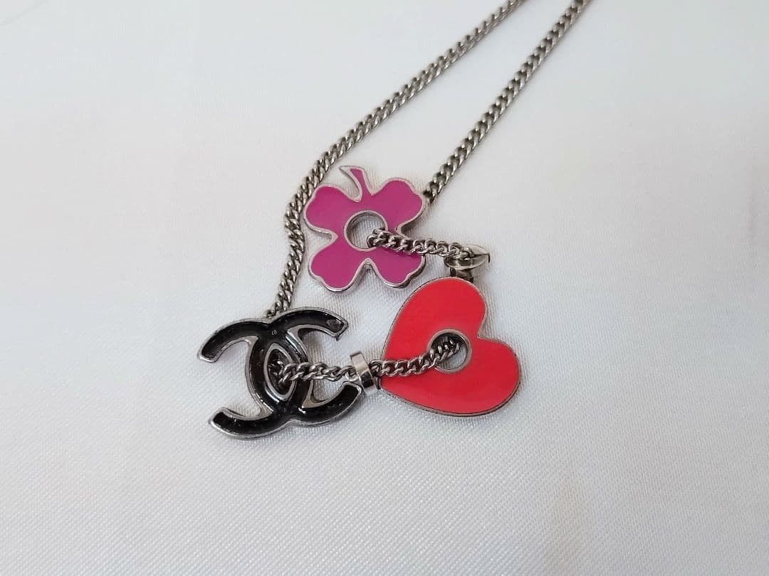 CHANEL Necklace CoCo Mark Heart Clover Charms Silver Length: 15.7 in.