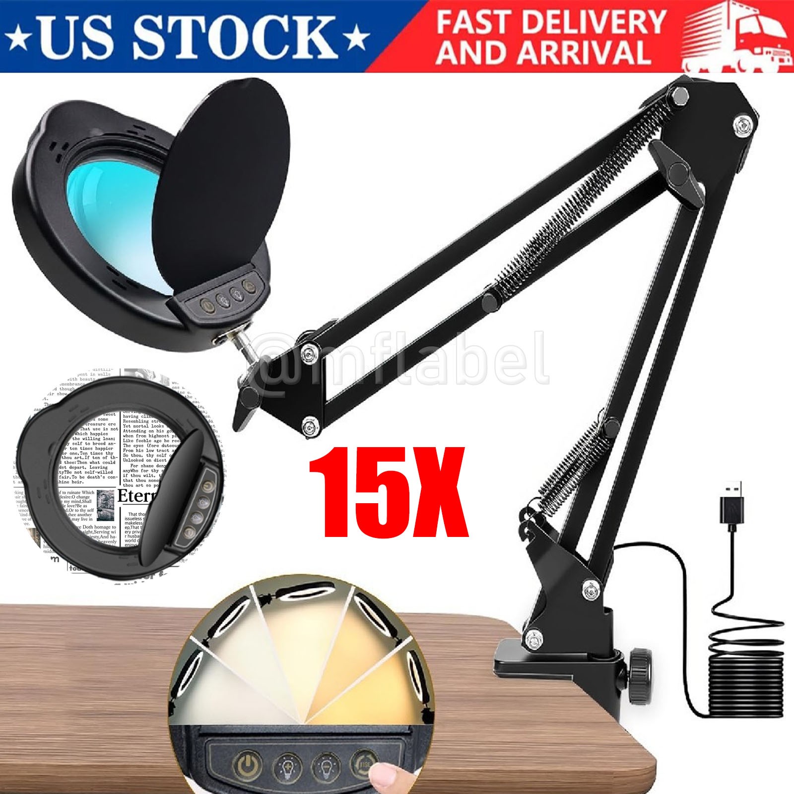 15X Magnifying Glass Desk Light Magnifier LED Lamp Reading Lamp With Lid + Clamp