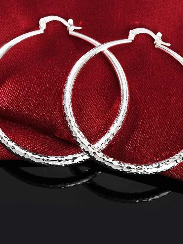 Charms fine 925 Sterling Silver 5CM circle hoop Earrings for Women fashion Prett