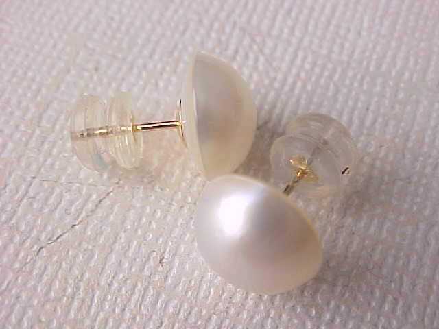 10MM AAA GENUINE WHITE MABE PEARL STUD EARRINGS SOLID 14K YELLOW GOLD #2