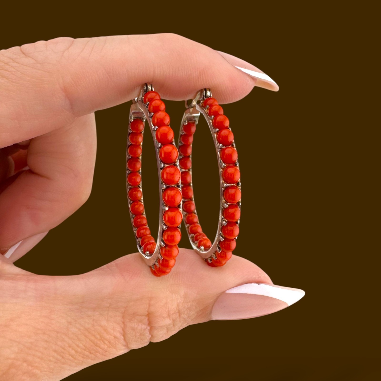 Vintage Sterling Silver Red Gemstone Inside Out Hoop Earrings 1.35″