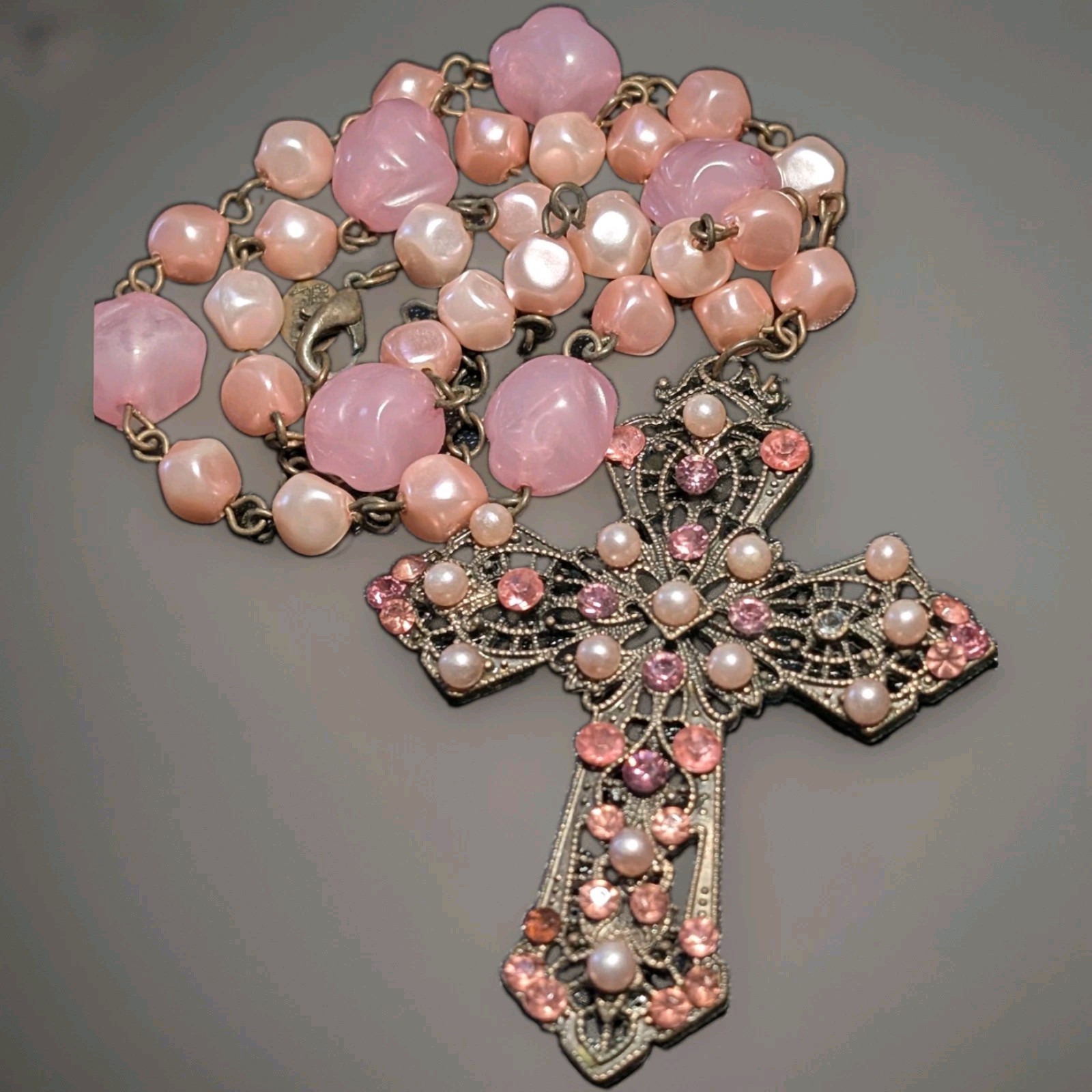 Bijoux Terner Pink Pearl Bead Cross Pendant Necklace Rhinestone Antique Bronze