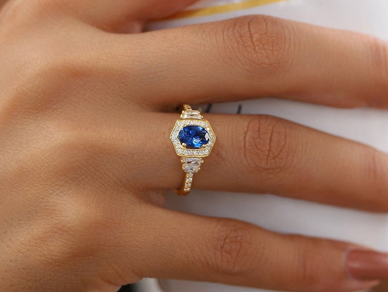 2.13 Ct Oval Simulated Sapphire Hexagon Shape Band Ring 14k Yellow Gold Plated
