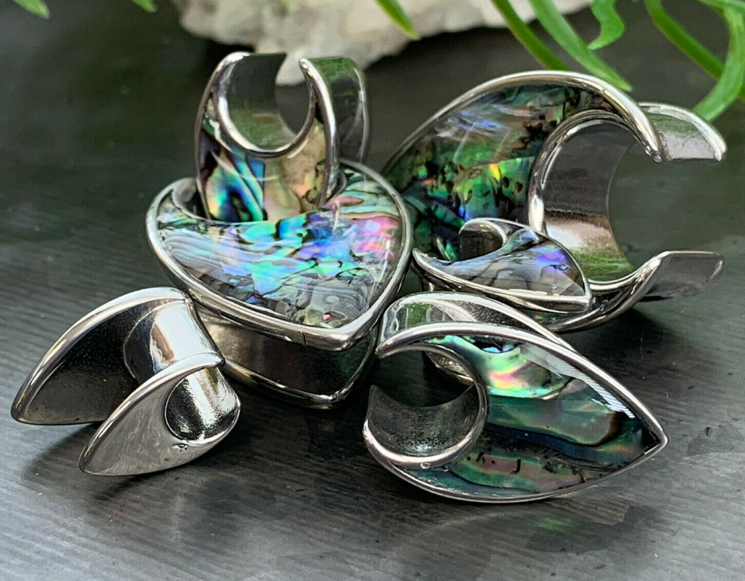 PAIR Abalone Tear Drop Saddle Ear Spreader Surgical Steel Tunnels Plugs Gauges